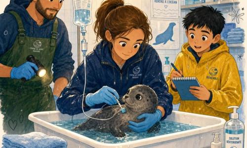 Een jonge vrouwelijke dierenarts met kastanjebruin haar in een paardenstaart, glimlachend maar geconcentreerd, in een donkerblauwe waterdichte overall met zoutvlekken en handschoenen, leunt over een ondiepe witte kunststof bak terwijl ze een jonge grijze zeehond vasthoudt; haar uitdrukking is zacht en geruststellend. Bij haar staat links een volwassen mannelijke vrijwilliger van circa 30 met baard en groene waterdichte broek, met een kleine lamp klaar om te helpen, en iets naar rechts en iets achter haar een ongeveer 12-jarige jongen met kort zwart haar en een grote gele vrijwilligersoverall, verwonderd, met een notitieboekje en pen. Binnen in een zeehulpcentrum zijn stapels natte handdoeken en metalen rekken met flesjes en instrumenten te zien, de ruimte heeft lichte betegelde wanden en een warme hanglamp die reflecties op het water werpt. De dierenarts onderzoekt de pup en geeft een rehydratiebehandeling met een kleine zichtbare infuuslijn; de handelingen zijn kalm en precies, de jongen noteert. Sproeiende druppels, kleine belletjes en speelse hartjes en geluidsgolven benadrukken zachtheid en aandacht; zachte verlichting, mariene kleuren (blauw, groen, accenten geel), jeugdillustratiestijl met licht getextureerde contouren en een warme, geruststellende sfeer.