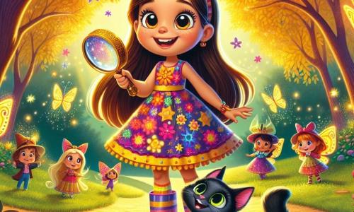 Una niña de 6 años, llamada Luna, con largos cabellos castaños y ojos curiosos, se encuentra en el centro de la imagen, sonriendo y maravillada, sosteniendo una gran lupa en su mano. Lleva un vestido colorido con motivos florales y botas de goma. A su lado, un gato negro llamado Momo, con ojos verdes brillantes, se frota contra su pierna, mostrando una expresión traviesa. En el fondo, un grupo de pequeños duendes con alas de mariposa, sombreros coloridos y sonrisas alegres, revolotean a su alrededor, iluminando el aire con su magia. La escena tiene lugar en un parque mágico, donde las sombras brillantes parecen cobrar vida bajo la luz de una fiesta. Luna y Momo, fascinados, descubren el secreto de las sombras brillantes, listos para ayudar a los duendes a celebrar el Día de la Luz.