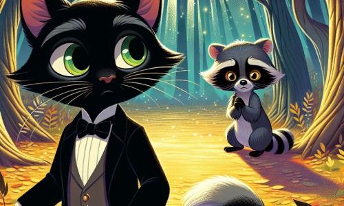 Felix, een elegante zwarte kat met glanzende vacht en sprankelende groene ogen, staat moedig in het midden van een betoverde open plek, zijn vastberaden blik verraadt een lichte bezorgdheid. Naast hem kijkt Remi, een klein wasbeer met een grote hoed en ondeugende ogen, aandachtig naar de schaduwen, zijn uitdrukking mengt nieuwsgierigheid en zenuwachtigheid. De scène speelt zich af in een mystiek bos, waar bomen met kromme stammen oprijzen naar een sterrenhemel, verlicht door een zilverachtige maan die een zachte gloed op de met gouden bladeren bedekte grond werpt. Sprankjes magie flonkerden in de lucht, wat een zowel magische als dreigende sfeer creëert. Felix en Remi bereiden zich voor om donkere silhouetten te confronteren die zich aftekenen in het maanlicht, klaar om een gestolen talisman terug te halen, symbool van bescherming voor hun stad.