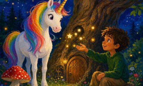 Een eenhoorn genaamd Luna, vrolijk en zelfverzekerd, met parelwit vachtje, regenboogmanen en een gouden gedraaide hoorn, staat bij een oud boomstronk en glimlacht uitnodigend; een ongeveer 8‑jarige jongen, Finn, met warrig bruin haar en een verwonderde, rustige blik in een groen truitje en broek zit op een stomp bij de kleine gebeeldhouwde deur van de holle knoestige boom en reikt naar zwevende, lichtgevende sterlampjes. Het tafereel speelt zich af in een nachtelijke open plek met zacht gras, bloemen, rode en witte paddenstoelen, een diepe sterrenhemel zichtbaar tussen de takken en een magische, serene sfeer in nachtblauwe tinten met warme gele lichtaccenten, geschilderd met zichtbare gouachetextuur en expressieve penseelstreken.