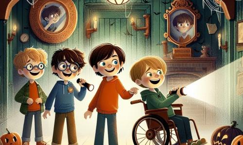 In an old haunted house, four boys stand together, their faces illuminated by the soft light of a lamp. Sam, a 10-year-old with messy brown hair and an orange t-shirt, smiles bravely while holding a flashlight. To his left, Max, a 9-year-old with round glasses and a blue sweater, laughs as he tells a joke. On the right, Leo, an 11-year-old with blonde hair and a red cap, gestures heroically, ready to explore. Finally, Ben, a 10-year-old in a wheelchair with brown hair and a green hoodie, looks on with curiosity, his eyes sparkling with excitement. Their surroundings are a dusty room with dark wooden walls, cobwebs in the corners, and a large antique mirror reflecting a mysterious light. Shadows dance on the floor, creating an intriguing and magical atmosphere. In the center, a small friendly ghost named Gus floats joyfully, inviting them to dance. The boys, united by adventure, are about to experience an unforgettable time filled with laughter and Halloween magic.