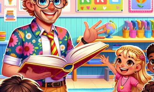 Un'insegnante trentenne, con capelli castani ricci e occhiali rotondi, sorride calorosamente mentre tiene un grande libro aperto. I suoi occhi brillano di entusiasmo e amore per l'apprendimento. Indossa una camicia colorata con motivi floreali. Accanto a lei, una bambina di 8 anni con trecce e un vestito rosa alza la mano con un grande sorriso, impaziente di condividere le sue idee. Un ragazzo di 7 anni, con capelli corti e biondi, si trova un po' in disparte, con gli occhi pieni di curiosità, tenendo uno zaino sulle spalle. La scena si svolge in un'aula luminosa, con pareti dipinte di giallo pastello, poster colorati sulle regole di gentilezza e una grande lavagna nera. Tappeti di diversi colori sono disposti sul pavimento e libri dalle copertine vivaci sono sparsi sui tavoli. L'insegnante spiega con passione una storia, circondata dai bambini che l'ascoltano attentamente, catturati dalle parole. L'atmosfera è gioiosa e piena di energia, con raggi di sole che filtrano attraverso le finestre, illuminando i volti dei bambini.