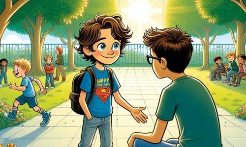 Un ragazzo di 12 anni, di nome Matteo, si trova al centro dell'immagine. Ha capelli castani arruffati, occhi scintillanti di determinazione e un sorriso amichevole. Indossa una maglietta blu con un motivo di supereroe e jeans casual. Matteo sta tendendo la mano verso un altro ragazzo seduto su una panchina, offrendogli un sorriso caloroso per incoraggiarlo a unirsi a lui. Accanto a Matteo c'è Luca, un ragazzo di 12 anni con capelli castani e occhiali tondi. È seduto sulla panchina, con un'aria timida, ma guarda Matteo con una luce di speranza negli occhi. Il contesto è un cortile scolastico soleggiato, circondato da alberi alti con foglie verdi brillanti. I bambini giocano in lontananza, mentre fiori colorati bordano il sentiero. La situazione principale mostra Matteo, con un'aria determinata e benevola, che tende la mano verso Luca per invitarlo a unirsi a lui e ad altri bambini, illustrando un momento di solidarietà e amicizia contro il bullismo.