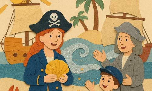 Piratenkapitein Nila, glimlachend en vastberaden, met rood gevlochten haar en blauwe jas met gouden knopen houdt een grote glanzende gouden schelp tegen haar borst op het houten dek; naast haar klapt de ongeveer 8‑jarige Finn met kastanjebruin haar en een scheef blauwe matrozenpet vrolijk terwijl hij op een houten kist staat; piratenkapitein Mira, ongeveer vijftig, met zilveren hoed en grijze mantel staat op het buurdek met uitgestrekte handen en een tedere, verraste blik naar de schelp; op het zand op de voorgrond kijkt een grote rode krab met open scharen vriendelijk toe; twee kleurrijke houten schepen liggen naast elkaar, een zilveren fonkelende golf schiet tussen hen uit en strooit kleine glanzende schelpjes terwijl alle personages hun handen naar de gouden schelp uitstrekken, vrolijke warme vriendschappelijke sfeer, geel zonnetje aan de horizon en palmbomen op een wit zandstrand.