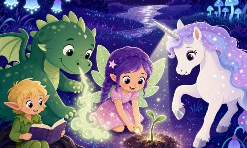 Lila, een kleine fee met bladvormige lichtgroene vleugels en paarse vlechtjes, glimlacht terwijl ze voorzichtig een fonkelend sterzaadje in zachte grond plant; links staat een vriendelijk rond groen draakje dat lichtnevel blaast, rechts een parelwitte eenhoorn met een sterrenmanen die met haar zilveren hoorn zacht licht op de jonge plant werpt, en een blond elfje op een wortel leest een open verhaalboek en kijkt toe; de scène speelt zich af op de Maanweide — donkerviolette nachtweide met lichtblauw gras, hangende lantaarnbloemen, een zilveren stroom en gloeiende paddenstoelen — vrienden vormen een beschermende cirkel van licht rond het zaadje.