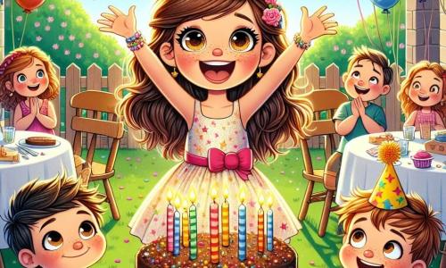 An 8-year-old girl, Maya, with long brown hair and sparkling eyes, wears a colorful paper crown and a bright smile. She stands at the center of the scene, arms raised, ready to sing her birthday song. Next to her, her 5-year-old brother Nico, with messy hair and a chocolate-smeared face, claps enthusiastically, his eyes shining with excitement. The setting is a sunny garden filled with colorful balloons, tables decorated with star-patterned tablecloths, and a large chocolate cake topped with sparkling candles. Neighbors and friends are seated on wooden chairs, smiling and eagerly awaiting the song's start. The main scene shows Maya joyfully singing, surrounded by friends and family, all united by the magic of the birthday, creating a festive and warm atmosphere full of laughter and happiness.
