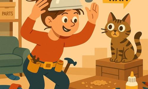 Inventive adult woman with a smiling, focused face and messy brown bun, wearing bright striped socks and a tinkling tool belt, adjusts a mixing-bowl hat invention with arms raised in a dynamic pose; nearby sits Pickle, a small tabby cat on a crate watching the hat curiously; a red sock and a blue sock lie scattered—one sliding from the laundry basket, the other under the sofa—inside a warm, slightly cluttered workshop with wooden shelves, labeled boxes, crumbs, pencil shavings, glue pots and colored pencils; main scene: she tests a sock-finding hat equipped with a small bristle brush and a mini fan that points a bright yellow arrow reading "SOCK THIS WAY!" while the hat emits visible curved gusts of air, creating a playful, slightly whimsical atmosphere.