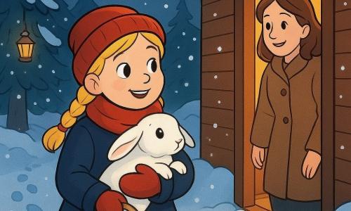 Een 6‑jarig meisje, glimlachend en vastberaden, licht van huidskleur met blonde vlechten, rode wanten, donkerblauwe dikke jas en rode sjaal, draagt een rietenmand met kleine houtblokjes en houdt een bevend wit konijn met glanzende zwarte ogen tegen haar borst; een volwassen vrouw (±30–35), vriendelijk van gezicht en warm lachend, staat in de deur van een houten huisje met warme gele verlichting; op een met dikke sneeuw bedekt bospad met dennen vol ijskristallen en hangende lantaarns dwarrelt sneeuw en zijn verse voetsporen zichtbaar; het meisje keert bij schemering terug naar het huisje, in een warme, serene kerstsfeer.