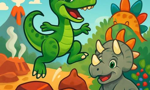 Żywy i psotny welociraptor o błyszczących zielonych łuskach i iskrzących się oczach skacze radośnie nad wulkanicznymi skałami. Jego wyraz twarzy jest pełen ekscytacji i ciekawości, z szerokim uśmiechem ukazującym małe, ostre zęby. Obok niego przyjazny triceratops o imieniu Gucio, z majestatycznymi rogami i szarym futrem, z uśmiechem patrzy na Riko, a jego okrągłe oczy błyszczą radością. W tle stegozaur o imieniu Lula, z grzbietem pokrytym kolorowymi płytkami, entuzjastycznie klaska, stojąc obok krzewu jaskrawych jagód. Tło stanowi wulkaniczny krajobraz, z parującymi fumarolami, świecącymi lawowymi kamieniami i bujnymi paprociami dodającymi zieleni. Scena ukazuje Riko wykonującego spektakularny skok, otoczonego przyjaciółmi, wszyscy śmieją się i bawią w tej pełnej magii i przyjaźni przygodzie.