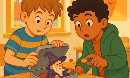 There are three characters: Finn, a ~9-year-old boy with messy light-brown hair, a blue-and-yellow striped T-shirt and curious brows, crouched left with one hand on an open metal lunchbox and the other about to close it; Milo, a ~9-year-old boy with curly black hair, an oversized green jacket and wide amazed eyes, standing to Finn’s right, leaning toward the lunchbox holding a small cookie between thumb and forefinger; and a tiny wizard the size of a palm, with a pointed beard, oversized hat and a purple robe with gold dots, sitting on a small cushion inside the lunchbox, sulky and sneezing a crumb. The scene is a bright, colorful classroom with light wooden tables, a smiling carrot poster, a window showing blue sky and a roof, scattered notebooks, an eraser and crumbs, soft morning light. Main situation: the two boys discover the miniature wizard sulking/asleep in the open lunchbox; Finn hesitates to close the lid while Milo offers a cookie. The tone is magical and comic, with vivid colors, clear lines and simple expressive shapes suitable for a children’s book.