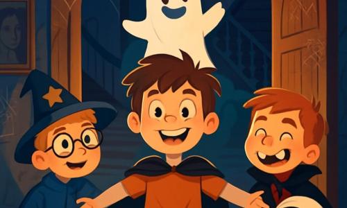 There are 4 children: Max, a 10-year-old boy with messy brown hair and a big smile, wearing a black cape that floats behind him, stands in the center with arms outstretched, inviting his friends into the house. Charlie, also 10, has round glasses and blonde hair, wearing a wizard costume with a golden star on his hat, is to the left of Max, holding a flashlight to light the way. Sam, a 10-year-old with red hair and freckles, is to the right of Max in a vampire costume with plastic fangs, laughing and making a funny face. Leo, a 10-year-old with black hair and sparkling eyes, wears a ghost costume made of white sheets, standing slightly back but with a brave posture, ready to follow his friends. The main setting is a mysterious old mansion with large carved wooden doors, dusty windows, and cobwebs in the corners. The dark interior is lit by flickering lanterns, revealing walls adorned with old portraits and a grand spiral staircase leading to upper floors. The main situation shows the children discovering the mansion, both amazed and a bit scared, as a friendly little ghost named Jasper joyfully floats before them, inviting them into the magical world of the ghost dance.