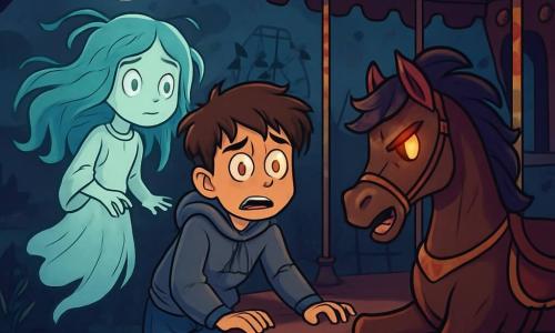 A 12-year-old boy with messy brown hair and wide eyes filled with fear stands at the edge of an old carousel. He wears a gray hoodie and ripped jeans, his trembling hands gripping the edge of the ride. Next to him, a spectral girl, about 11 years old, with long, flowing hair like seaweed, appears, her eyes shining with hope and sadness. She floats slightly above the ground, her translucent white clothes billowing in the air. The setting is an abandoned amusement park, with flickering lights turned off, rusty structures, and eerie shadows cast by the moon. The carousel is surrounded by brambles and dead leaves, and the atmosphere is thick with mystery and dark magic. The main scene shows the boy, frozen in fear, facing a wooden horse with glowing, menacing eyes, while the carousel's music faintly echoes, creating a bewitching yet terrifying ambiance.