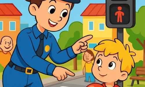 Una poliziotta sorridente, con i capelli castani raccolti in un chignon, indossa un'uniforme blu brillante e un piccolo cappello. Ha uno sguardo benevolo e determinato e si piega leggermente per aiutare un giovane ragazzo. Il ragazzo, di circa 6 anni, ha i capelli biondi arruffati e indossa una maglietta rossa. Tiene una grande palla rossa contro il cuore, con gli occhi brillanti di curiosità. La scena si svolge in una bella piazza animata, circondata da edifici colorati, con alberi verdi e panchine di legno. Il cielo è azzurro chiaro, punteggiato da nuvole bianche e soffici. La poliziotta spiega al ragazzo come attraversare la strada in sicurezza, mostrando il semaforo rosso. I passanti intorno sorridono, creando un'atmosfera calorosa e amichevole.