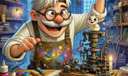 Un hombre inventor llamado Martín, con una gran sonrisa en el rostro, un bigote espeso y gafas que se deslizan por su nariz, se encuentra en el centro de su taller caótico. Lleva una bata de trabajo llena de manchas de pintura y sostiene una herramienta en una mano, mientras que la otra está levantada en signo de emoción, como si acabara de hacer un descubrimiento increíble. A su lado, Pipo, un pequeño ratón travieso con ojos brillantes y una larga cola, está posado en el hombro de Martín. Observa la máquina con curiosidad, listo para ayudar en sus inventos. El taller de Martín es un lugar mágico, lleno de piezas de metal brillantes, planos esparcidos sobre mesas de madera y luces parpadeantes de su última invención, el Transforma-Disfraces 3000. La escena principal muestra a Martín probando su máquina, que emite chispas de colores y ruidos extraños, mientras disfraces extravagantes aparecen a su alrededor, provocando risas y alegría. Los niños del pueblo, que están al fondo, miran con asombro y anticipación, listos para probar los disfraces mágicos.