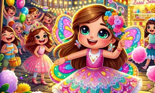 Uma menina de 8 anos, Lila, com longos cabelos castanhos e olhos brilhantes de alegria, usa uma fantasia de borboleta com asas coloridas, dançando no meio de uma multidão animada. Ela sorri amplamente, com as bochechas coradas de excitação, segurando um grande pedaço de algodão doce rosa em uma mão. Ao lado dela, sua melhor amiga Clara, também de 8 anos, veste um lindo vestido de princesa rosa, com uma coroa brilhante na cabeça, rindo e balançando-se ao ritmo da música. Ao fundo, um grupo de crianças de 6 a 10 anos se diverte estourando balões de água, espirrando alegria nas pessoas ao redor. O local é uma rua vibrante e colorida de uma pequena cidade, decorada com guirlandas de flores, balões multicoloridos e luzes cintilantes, com barracas de comida e personagens fantasiados dançando e cantando. A cena é repleta de risos e música, criando uma atmosfera festiva e alegre. A situação principal mostra Lila e Clara, cercadas por seus amigos, se divertindo dançando e brincando sob o sol radiante, capturando o espírito alegre e mágico do carnaval.