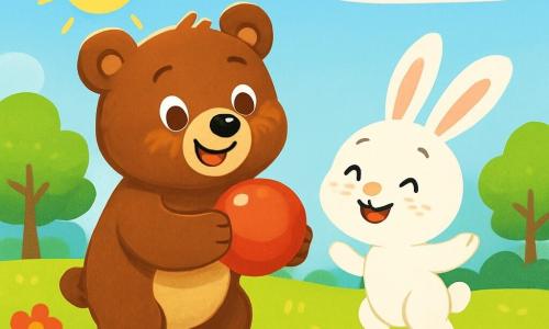 A cheerful and smiling brown bear stands in the center of the image, holding a shiny red ball in its paws. Its eyes sparkle with happiness and its fur is soft and silky, illuminated by the sun. Next to it, a small white rabbit with big ears and a radiant smile looks at the bear with admiration. The rabbit is joyfully hopping, its hind legs in the air, on a carpet of green grass. The setting is a sunny field dotted with colorful flowers and trees with bright leaves, under a clear blue sky. In the distance, fluffy clouds float peacefully. The main scene shows the bear and rabbit playing together, ready to throw the ball, surrounded by a joyful and friendly atmosphere.