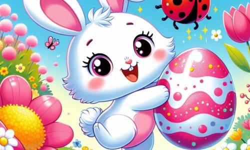 A little bunny named Benny, with soft white fur, big pink ears, and sparkling joyful eyes, is dancing in a colorful garden, holding a shiny egg decorated with pink spots. Nearby, a smiling little ladybug, with red dots on its back and wiggly antennas, flies around Benny, sharing in his excitement. The garden is filled with bright flowers in vivid colors, like yellow tulips and white daisies, under a clear sunny blue sky. Benny discovers a shimmering Easter egg surrounded by flowers and is filled with excitement as he looks for clues to reveal his surprise treasure.