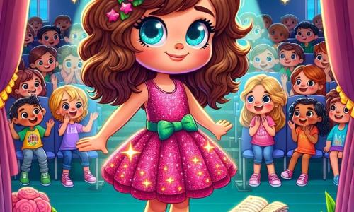 An 8-year-old girl named Lily stands on a wooden stage, wearing a sparkling pink dress with sequins that shine under the lights. She has bright blue eyes and brown curls dancing around her face. Her expression is both nervous and determined, with a slight smile showing her willingness to overcome her fear. Next to her, her best friend Mia, also 8, with smooth brown hair, encourages her with a big smile. Mia wears a colorful t-shirt and jeans and stands in the audience, raising her arms to applaud Lily. The venue is a school auditorium decorated with colorful balloons and paper garlands. The seats are filled with students, parents, and teachers, all smiling and eager to see the performance. The main scene shows Lily taking a deep breath, ready to sing in front of the crowd, with butterflies in her stomach, symbolizing her mix of excitement and nervousness. The atmosphere is festive, filled with light and bright colors, reflecting the joyful spirit of the event.