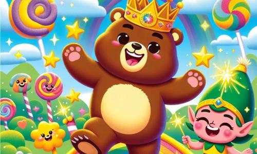 Bruno, ein brauner Bär mit großen Ohren und einem warmen Lächeln, trägt eine goldene Krone in Form eines Honigtopfs. Er tanzt fröhlich auf einem bunten Regenbogen, seine Augen funkeln vor Aufregung und Glück. Neben ihm lacht ein Kobold mit grünen Haaren, der ein Gewand aus Blättern trägt, während er einen funkelnden Zauberstab schwingt und Sterne um sie herum zaubert. Im Hintergrund schweben bonbonförmige Wolken in einem strahlend blauen Himmel, während lächelnde Blumen in lebhaften Farben im Takt der Musik tanzen. Die Szene strahlt eine festliche und verspielte Atmosphäre aus und zeigt den Moment, in dem Bruno seinen Sieg bei einem großen Honigfest feiert.