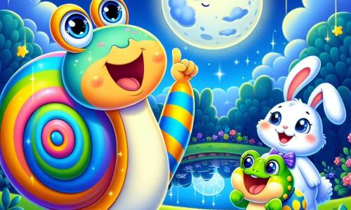 Un melc colorat numit Lulu, cu un cochilie dungată de culori vii și un zâmbet mare, stă în centrul imaginii, pregătit să organizeze o cursă. La dreapta sa, un iepuraș cu urechi mari și albe, numit Puf, sare cu entuziasm, cu ochii strălucind de excitație. La stânga, o broască verde cu pete galbene, numită Broscuța Verde, sare cu determinare, pregătită să participe la cursă. Decorul este o grădină magică sub un cer înstelat, cu flori strălucitoare și frunze lucioase care scintilează la lumina lunii. În fundal, un lac liniștit reflectă stelele, adăugând o notă de magie scenei. Lulu, cu o expresie plină de bucurie, anunță începutul cursei, în timp ce Puf și Broscuța Verde se pregătesc să pornească, creând o atmosferă de excitație și prietenie în acest moment distractiv.