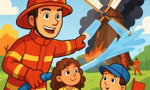 Een glimlachende en vastberaden mannelijke brandweerman in een felrode uniform en een grote beschermhelm geeft met vertrouwen leiding aan zijn collega's, zijn ogen stralend van opwinding. Naast hem staat een meisje van ongeveer 10 jaar met bruin, krullend haar, die met verwondering toekijkt, handen op de heupen, gekleed in een gele t-shirt en blauwe shorts. Een 8-jarig jongetje met een blauwe pet staat iets verder weg, met grote ogen en een klein rood vlaggetje in zijn hand. De scène speelt zich af voor een oude houten molen met witte wieken die langzaam in de wind draaien, omringd door groene velden en kleurrijke bomen. Witte wolken drijven in een stralende blauwe lucht, terwijl dikke zwarte rook uit de basis van de molen komt, wat een opvallend contrast creëert. De hoofdsituatie toont de brandweerman die het team coördineert om het vuur te blussen dat de molen verwoest, met krachtige waterstralen die uit de grote brandslang spuiten, terwijl de kinderen gefascineerd en een beetje bezorgd toekijken, maar veilig zijn.