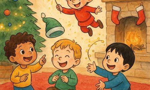 Hay cuatro personajes: Tomás, niño de casi 4 años, cabello castaño rizado, ojos grandes, a la izquierda, ríe señalando una zapatilla roja flotante; Bruno, niño de casi 4 años, cabello rubio, pecas, sentado al centro, sostiene un gorro verde que gira alrededor de su cabeza; Leo, niño de casi 4 años, cabello negro liso, sonriente a la derecha, intenta atrapar una guirnalda que revolotea; y Lilu, un duende travieso pequeño con traje rojo vivo, orejas puntiagudas y gorro con pompón, flotando sobre los niños y agitando una varita que lanza chispas doradas. Ambientación: salón navideño acogedor con alfombra roja, gran árbol luminoso a la izquierda, chimenea de piedra con calcetines colgados y migas en la mesa que sugieren olor a galletas. Situación: zapatillas y gorros navideños flotan y bailan en el aire alrededor de los niños, que ríen y extienden las manos mientras las decoraciones saltan con las chispas de Lilu, creando una atmósfera alegre y colorida.