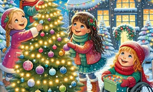 In einem verschneiten Garten sind vier fröhliche Mädchen um einen großen Weihnachtsbaum versammelt. Mia, ein 7-jähriges Mädchen mit langen braunen Haaren und funkelnden Augen, hängt glitzernde Sterne an die Zweige des Baumes. Leni, ein 8-jähriges Mädchen mit geflochtenen blonden Haaren und strahlendem Lächeln, sitzt in ihrem mit Lichtern geschmückten Rollstuhl und hängt bunte Kugeln auf. Emma, ein 6-jähriges Mädchen mit roten Haaren und Sommersprossen, hält eine Box mit bunten Lichtern bereit, um sie aufzuhängen. Lotta, ein 7-jähriges Mädchen mit lockigen Haaren und einem roten Schal, singt fröhlich, während sie um den Baum tanzt. Der Garten ist mit einer dicken Schicht glitzernden Schnees bedeckt, und sanfte Schneeflocken fallen vom sternenklaren Himmel. Im Hintergrund sieht man das warme Gebäude des Kindergartens, das von Lichtern beleuchtet wird. Die Mädchen lachen und singen zusammen und schaffen eine festliche und magische Atmosphäre, während sie den Baum für Weihnachten schmücken, umgeben von der Schönheit des Winters.