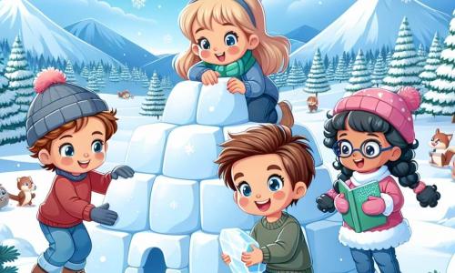 In un incantevole paesaggio invernale, quattro bambini si divertono a costruire un igloo. Luca, un ragazzo di dieci anni con i capelli castani e gli occhi brillanti, è accovacciato mentre modella un grosso blocco di neve con un grande sorriso. Accanto a lui, Sofia, una ragazza con i capelli biondi e treccia, tiene una pala di plastica, pronta ad aiutarlo, con il viso raggiante di gioia. Marco, un ragazzo con i capelli castani e occhiali, si trova un po' più lontano, ridendo mentre lancia una palla di neve verso i suoi amici. Infine, Giulia, una ragazza con i capelli neri e ricci, osserva con meraviglia, tenendo un libro sui fiocchi di neve, seduta su una panchina di neve. Il paesaggio è un magnifico scenario montano, con maestosi abeti coperti di neve scintillante e un cielo blu chiaro punteggiato di nuvole bianche e soffici. La scena principale mostra i bambini in azione, ridendo e giocando insieme mentre costruiscono il loro igloo, circondati da fiocchi di neve che cadono dolcemente, aggiungendo un tocco di magia alla loro avventura invernale.