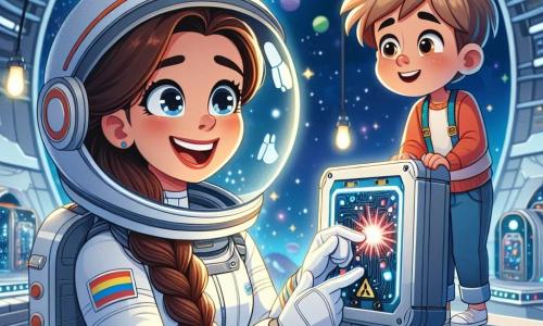 Na pierwszym planie stoi młoda astronautka o imieniu Kasia, mająca około 25 lat, z szerokim uśmiechem, z długimi, splecionymi brązowymi włosami pod kaskiem kosmicznym. Ma na sobie białą kombinezon kosmiczny ozdobiony jaskrawymi kolorami i wydaje się pełna entuzjazmu, gdy bada unoszące się przed nią urządzenie technologiczne. Obok niej stoi ciekawy chłopiec o imieniu Tomek, mający około 10 lat, z rozczochranymi blond włosami i błyszczącymi oczami, z fascynacją przyglądający się narzędziu, które Kasia trzyma w rękach. Ma na sobie kombinezon kosmiczny nieco za duży, co czyni go jeszcze bardziej uroczym. Scena rozgrywa się wewnątrz futurystycznej stacji kosmicznej, z metalowymi, srebrnymi ścianami i dużymi oknami oferującymi spektakularny widok na gwiaździste niebo, gdzie w tle widać kolorowe planety i migoczące gwiazdy. Kasia i Tomek współpracują, aby naprawić urządzenie, które miga na czerwono, otoczeni unoszącymi się narzędziami i jasnymi ekranami, co ilustruje ich radosną współpracę i determinację w realizacji misji kosmicznej.