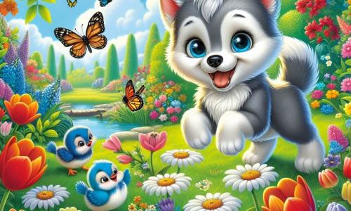 Un pequeño lobo llamado Lupi, con un suave pelaje gris y ojos brillantes de curiosidad, se encuentra alegremente en el centro de un jardín colorido, rodeado de flores vibrantes. Lupi sonríe ampliamente, con las orejas erguidas, saltando con entusiasmo entre margaritas y tulipanes. A su derecha, una mariposa naranja y negra vuela graciosamente, sus delicadas alas brillan al sol. A la izquierda, un grupo de pequeños pájaros coloridos, con plumas azules, amarillas y rojas, cantan alegremente en una rama, animando a Lupi a explorar el jardín. El lugar es un jardín exuberante, lleno de flores de todos los colores, con majestuosos árboles verdes al fondo. El cielo es de un azul brillante, salpicado de algunas nubes blancas y esponjosas. La escena principal muestra a Lupi descubriendo la magia de la primavera, rodeado de sus nuevos amigos, celebrando la belleza de la naturaleza y la amistad en un momento de alegría y asombro.