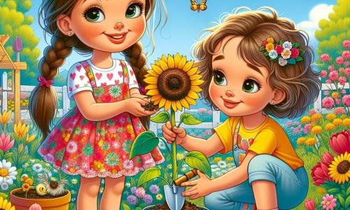 Una niña de 10 años, Valentina, está en el centro de un jardín en plena floración, sonriendo ampliamente. Tiene el cabello largo y castaño, recogido en dos trenzas, y lleva un vestido colorido con flores. Valentina está plantando una semilla de girasol en una maceta pequeña, con las manos llenas de tierra, mostrando su entusiasmo por la primavera. A su lado, su mejor amiga, Sofía, también de 10 años, tiene el cabello rizado y lleva una camiseta amarilla brillante. Sostiene una pequeña pala y mira a Valentina con admiración, lista para ayudarla a plantar su propia flor. El jardín está lleno de flores coloridas, con tulipanes rojos, margaritas blancas y girasoles meciéndose suavemente bajo el sol. Al fondo, un cielo azul claro está salpicado de algunas nubes blancas esponjosas, y las abejas zumban alrededor de las flores. La escena principal muestra a Valentina y Sofía, alegres y concentradas, plantando semillas mientras discuten sus sueños para el jardín, simbolizando el surgimiento de la vida y la amistad en primavera.