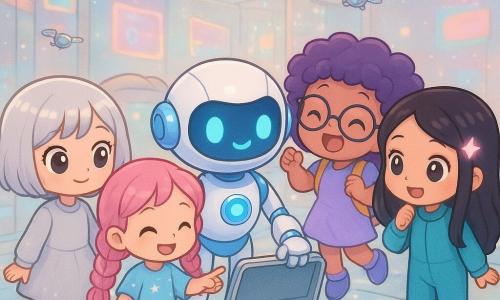 Five characters: Luna, 5, short shiny silver hair and silver boots, holding Mira’s hand and looking at the robot with wide curious eyes; Mira, 5, pink braided hair in a sky-blue starry dress, center-left, smiling and pointing at a green button; Zoe, 5, curly purple hair, round glasses and a yellow backpack, center-right, slightly jumping with excitement; Nia, 5, long black hair with a glowing clip in a turquoise jumpsuit, standing right and tipping her head to listen; and Pip, a round white guide-robot with neon-blue accents, a lit face screen and articulated arms, opening a case with three glowing buttons (green, blue, gold). They stand in a circle on the glass floor of the floating City Heart tower hall, with curved glass walls reflecting pastel neons, silver firefly-drones and colorful holograms; the mood is calm, magical and futuristic with pastel tones and metallic reflections.