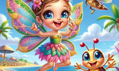 Un personaggio principale, una piccola fata con ali colorate e scintillanti, occhi brillanti e un sorriso radioso, danza gioiosamente sulla spiaggia, circondata da conchiglie e fiori tropicali. Accanto a lei, un grillo carino, con lunghe antenne e occhi scintillanti, applaude con entusiasmo mentre salta sulla sabbia dorata. Un pesce volante, con squame multicolori e pinne delicate, vola sopra di loro, ridendo e facendo piroette nell'aria. Il luogo è una spiaggia soleggiata, con onde dolci che lambiscono la riva, palme che ondeggiano dolcemente al vento e un cielo blu brillante punteggiato di nuvole bianche e soffici. La scena principale mostra la piccola fata mentre celebra con i suoi amici, danzando e ridendo insieme, creando un'atmosfera di gioia e amicizia, mentre godono di una bella giornata d'estate al mare.