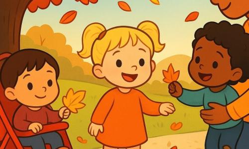 Three toddlers in an autumn park: a brown-haired baby (~1 yr) sitting in a small red stroller at left holding a yellow leaf; a blonde baby (~1 yr) standing center near the stroller holding her mother's hand and touching a pile of orange leaves; a black curly-haired baby (~1 yr) in her father's arms at right reaching an orange leaf toward the stroller; warm late-afternoon light, large tree with red, yellow and brown leaves, gravel path, small pumpkin nearby, vivid autumn colors and visible dry-leaf textures.