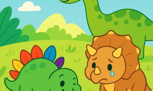 Un piccolo stegosauro di nome Mino, con una pelle verde brillante e punte colorate sulla schiena, sorride gioiosamente mentre cerca una palla blu in un campo soleggiato. Accanto a lui, un triceratopo con corna dorate e pelle marrone chiaro, con le lacrime agli occhi, guarda intorno sperando di ritrovare la sua palla. Sullo sfondo, un grande brontosauro dal collo lungo ed elegante, con macchie verdi, osserva i due amici con un sorriso benevolo, pronto ad aiutare. Il luogo è un vasto prato verde, punteggiato di grandi foglie e fiori colorati, sotto un cielo blu chiaro con alcune nuvole soffici. La scena principale mostra Mino e il triceratopo intenti a cercare la palla blu, circondati dalla bellezza della natura, pieni di speranza e amicizia.