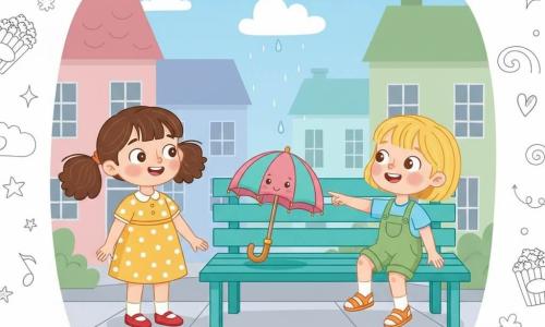 Há três personagens: Lila, 4 anos, cabelos castanhos em duas tranças grossas, vestido amarelo com bolinhas brancas e sapatos vermelhos, segura a mão de Bia à esquerda do banco e sorri para um pequeno guarda-chuva; Bia, 4 anos, cabelos loiros curtos, camiseta azul‑claro e jardineira verde com sandálias laranjas, está à direita do banco e aponta o guarda-chuva rindo; um guarda-chuva animado, pequeno e colorido, com tecido listrado rosa e turquesa e cabo de madeira com botão dourado, está no banco sorrindo enquanto uma gota de chuva cai somente sobre ele; cena num passeio calmo em frente a casas em tons pastel, banco de madeira turquesa e céu azul claro com uma nuvenzinha sobre o guarda-chuva, a chuva minúscula cai só sobre ele que canta e as duas meninas, de mãos dadas, observam surpresas e alegres.