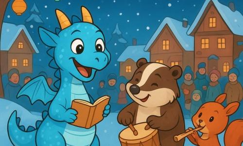 A small dragon named Pippa, with shimmering light blue scales, stands joyfully on a snowy hill, her eyes bright with happiness and excitement. She holds a small notebook in her paws, ready to write a New Year's song. Beside her, an old badger named Mr. Badger gently taps a wooden drum, his face smiling and focused as he prepares to play. Nearby, a little squirrel named Lila, with reddish fur and sparkling eyes, blows into a flute, her expression filled with joy and nervousness. The setting is a charming village square adorned with colorful lanterns hanging from the trees, with snowflakes gently falling and wooden houses topped with snow. The main scene shows Pippa and her friends rehearsing their New Year's song, surrounded by joyful families listening in wonder, creating a festive and warm atmosphere.