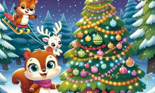 Um pequeno esquilo chamado Quico, com pelagem marrom e olhos brilhantes de alegria, está pulando de felicidade aos pés de um grande pinheiro de Natal decorado com guirlandas coloridas e luzes cintilantes. Ao lado dele, uma pequena rena chamada Lila, com pelagem branca e chifres dourados, observa Quico com um sorriso agradecido, seus olhos brilhando de excitação. O cenário é uma floresta nevada, com flocos de neve caindo suavemente e estrelas brilhantes no céu noturno. A cena principal mostra Quico e Lila celebrando seu sucesso após consertarem o trenó de Natal, cercados por presentes coloridos e uma atmosfera festiva cheia de magia.