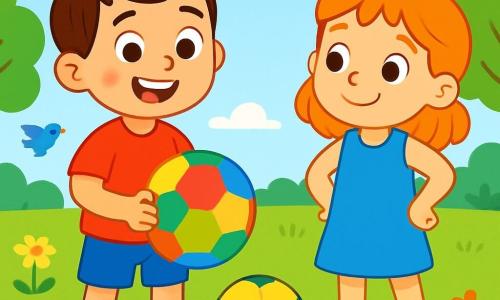 A young boy, Sam, is wearing a bright red t-shirt and has a beaming smile on his joyful face. He has brown hair and sparkling eyes full of excitement. Sam is holding a round, colorful soccer ball, ready to play. Next to him, a 6-year-old girl, Lila, is wearing a blue dress and sandals. She looks at Sam with admiration, hands on her hips, eager to start the game. The scene takes place on a green football field, surrounded by colorful flowers and majestic trees under a clear blue sky. In the distance, birds are happily singing. Sam and Lila are ready to play together, full of energy and happiness, while the ball gently rolls on the grass.