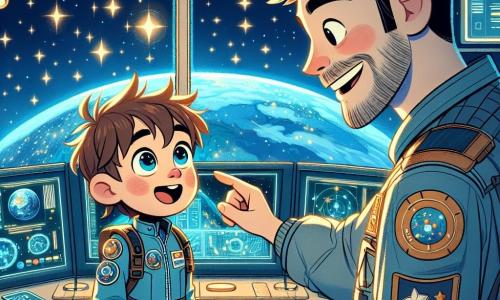 Andrei, un băiat de 10 ani cu părul castaniu și ochii plini de curiozitate, stă în fața unei feronier mari a bazei spațiale, uimit. Poartă o costum de astronaut albastru, puțin prea mare pentru el, iar fața lui exprimă o bucurie intensă și uimire în fața imensității spațiului. Lângă el, Mihai, un bărbat de aproximativ 30 de ani cu părul scurt și o barbă bine tunsă, zâmbește arătându-i stelele prin hublou. Poartă un uniform de astronaut argintiu, împodobit cu multe insigne, și se apleacă ușor spre Andrei, împărtășindu-i pasiunea pentru explorarea spațială. Locul este o sală de control modernă, plină de panouri luminoase, ecrane care afișează date spațiale și hărți stelare. Feronier mari oferă o vedere spectaculoasă asupra Pământului, care strălucește ca o bilă albastră în depărtare, înconjurată de un ocean de stele scintilante. Situația principală îl arată pe Andrei, cu ochii mari, arătând cu degetul către o stea strălucitoare, în timp ce Mihai îi explică cu entuziasm cum a călătorit în spațiu, creând un moment magic de descoperire și inspirație pentru băiat.