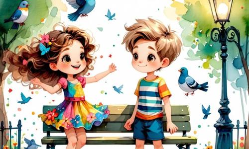 A 12-year-old girl, Lila, with curly auburn hair dancing in the wind, wears a colorful flower-patterned dress. She has a mischievous grin on her face, her eyes sparkling with mischief, as she stands on a bench in a park surrounded by pigeons. Next to her, an 8-year-old boy, Jack, with tousled blonde hair and a striped t-shirt, looks at Lila with admiration, holding a bag of bread to feed the birds. Further away, an elderly lady, Mrs. Witherspoon, around 70 years old, with gray hair in a bun and round glasses, sits on another bench, looking puzzled as she observes the scene. The park is bathed in golden light, with trees showcasing bright green leaves and colorful flowers swaying in the breeze. Children play in the distance, and the sky is a brilliant blue, dotted with fluffy white clouds. The main scene shows Lila laughing heartily as she has swapped places with Mrs. Witherspoon, discovering the world through the old lady's eyes, while Jack enjoys feeding the pigeons around them.
