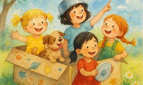 Five characters: Lily, girl ~6, blonde pigtails, yellow polka-dot dress, sitting left in an improvised cardboard spaceship waving; Mia, girl ~6, short brown hair, sky-blue T-shirt, center-right, holding a pot as a helmet and smiling at the sky; Ella, girl ~6, red braided hair, green overalls, right of Mia, pointing at an imaginary meteor; Zoe, girl ~6, black ponytail, red dress, in front of the box pretending to steer with a plastic plate; Buster, small shaggy brown-spotted dog, beside Lily in the box, tongue out, wagging tail. Sunny garden with green grass dotted with yellow flowers and daisies, a large cardboard box decorated with crayons, shadow from a round-leaf tree, blue sky with fluffy white clouds. Main scene: children playing a 