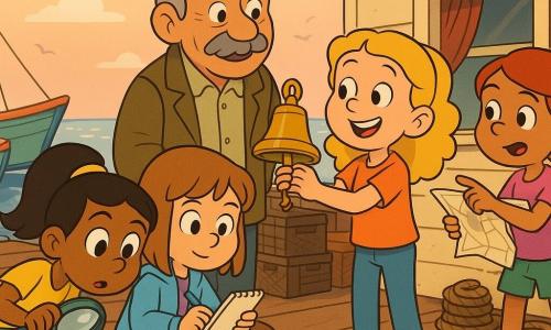 Four children — Maya (girl, 8): light brown straight hair, sky-blue jacket, crouched center with a small white notebook and blue pen, focused on a bell; Lina (girl, 8): black hair in a ponytail, holding a round magnifying glass, left, leaning over prints on the dock planks; Zoe (girl, 8): red hair in a braid, holding a folded paper map, right, pointing it toward a boat; Emma (girl, 8): curly blonde hair, wide smile, carefully holding the bell with both hands near Mr. Park — an elderly man with a gray mustache and brown-green jacket standing by the ferry house door; setting: a worn wooden dock with visible nails, coiled ropes, stacked fish crates, hanging nets, small colorful boats moored to port, a cream-painted ferry house with a large window and red curtain, shimmering sea and gulls in a pastel sky at sunset; scene: the four young detectives return the bell to Mr. Park, expressions of relief and pride, warm, reassuring atmosphere with soft sunset light.