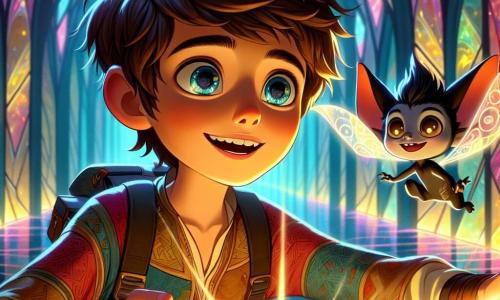 A 12-year-old boy named Benny stands at the center of the scene, his eyes shining with excitement and curiosity. He has messy brown hair and wears a colorful tunic blending medieval and futuristic patterns, with a backpack full of gadgets slung over his shoulder. Benny reaches out to a glowing crystal floating in front of him, his face illuminated by its bright light. Beside him is a small magical being named Flick, a shadow Spriggan, depicted with pointed ears and sparkling eyes. He joyfully floats in the air, his translucent wings catching the light from the crystal. Flick seems to encourage Benny, a mischievous smile on his face. The setting is a vast, mysterious cave with walls shimmering with colorful crystals and distorting mirrors reflecting fantastical images. Shadows dance on the walls, adding a magical and intriguing atmosphere to the environment. The scene captures the moment when Benny and Flick discover the Crystal of Clarity, majestically floating above a pedestal, while a menacing shadow looms in the background, creating palpable tension.