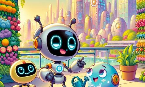 Zippy, un pequeño robot en forma de perro con largas orejas y ojos brillantes que cambian de color, está de pie en una terraza verde, sonriendo con emoción mientras admira su colorido jardín vertical. A su lado, Bubbles, un robot esférico flotante, tiene ojos redondos y chispeantes de alegría, tomando notas en una pequeña pantalla holográfica. Boxy, un robot cuadrado con una expresión concentrada, está regando las plantas con una pequeña regadera, justo detrás de Zippy. El lugar es una magnífica terraza con vista a la ciudad futurista de Neotropolis, llena de edificios brillantes de formas audaces y jardines exuberantes, todo bañado en la luz dorada del sol poniente. La escena principal muestra a Zippy y sus amigos celebrando la finalización de su proyecto de jardín vertical, rodeados de flores vibrantes y plantas trepadoras, simbolizando su compromiso con un futuro más verde y sostenible.