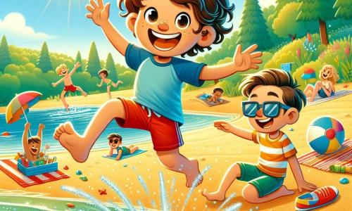 Ein 10-jähriger Junge, Max, mit lockigem, kastanienbraunem Haar und einem großen, fröhlichen Lächeln, trägt eine rote Badewanne und ein blaues T-Shirt. Er springt ins kristallklare Wasser eines Sees und spritzt glitzernde Wassertropfen um sich. Neben ihm lacht sein bester Freund Tim, ebenfalls 10 Jahre alt, mit Sonnenbrille und gestreifter Shorts, während er einen bunten Strandball hält. Sie befinden sich an einem goldenen Sandstrand, umgeben von grünen Bäumen und einem strahlend blauen Himmel. Im Hintergrund bauen Kinder Sandburgen und Familien genießen die Sonne auf bunten Handtüchern. Die Szene zeigt einen Moment reinen Glücks und Freundschaft an einem sonnigen Sommertag am See.