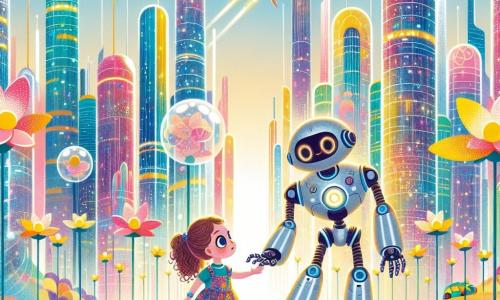 O fetiță de 4 ani, pe nume Ana, cu ochi mari și curioși și păr creț brun, se află în centrul unui oraș futurist. Ea poartă o rochie colorată cu motive florale și un zâmbet uimit pe față, privindu-se în jur cu fascinație. Lângă ea, un robot prietenos numit Robi, de dimensiunea unui copil, cu un corp argintiu și ochi rotunzi și strălucitori, îi întinde o mână metalică, pregătit să o ajute. Decorul este un oraș strălucitor, plin de clădiri din sticlă care se ridică spre cer, mașini zburătoare trecând deasupra lor și flori uriașe care cântă ușor. Lumini colorate iluminează străzile, creând o atmosferă magică și veselă. Situația principală arată cum Ana și Robi merg împreună pe un drum luminos, înconjurați de flori cântătoare, în căutarea drumului care o va duce pe Ana acasă, plini de uimire și aventură.