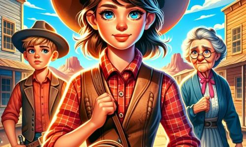 O fată cowboy neînfricată, Ella, stă în centrul imaginii, cu ochii strălucind de determinare. Poartă o pălărie de cowboy mare, o cămașă în carouri roșii și o vestă din piele uzată. Expresia ei este hotărâtă, pregătită să înfrunte aventura. La dreapta ei, Tom, un băiat de 10 ani, cu părul blond în dezordine și fața îngrijorată, o privește pe Ella cu admirație, ținând un laț în mâini. La stânga, bătrâna doamnă Hensley, de aproximativ 70 de ani, cu părul gri prins și ochelari rotunzi, plânge ușor, cu mâinile împreunate, implorând ajutor. Decorul este al unui mic sat din Vestul Sălbatic, cu clădiri din lemn cu fațade prăfuite, un cer albastru strălucitor și munți în depărtare. Soarele strălucește intens, proiectând umbre lungi pe pământul bătătorit. Situația principală o arată pe Ella, pregătită să plece în căutarea nepoțelului doamnei Hensley, cu Tom alături, în timp ce bătrâna îi privește cu speranță. Atmosfera este tensionată, dar plină de curaj, în timp ce se pregătesc să înfrunte banda lui Red Jack.