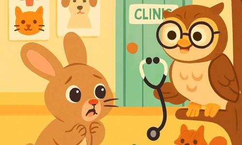 A small rabbit with large ears and soft, silky fur stands on its hind legs, with round, shiny eyes showing a mix of fear and curiosity. It timidly looks at a wise owl wearing round glasses and brown and cream feathers, smiling warmly while holding a small stethoscope. The owl is perched on a tree branch next to a pastel green wooden clinic door. The setting is an animal clinic, with soft-colored walls, animal care posters on the walls, and children's toys scattered on the floor. In this scene, the little rabbit, a bit trembling, is preparing to meet Dr. Owl, while animals like a fox and a squirrel wait calmly in the waiting room, creating a reassuring and friendly atmosphere.