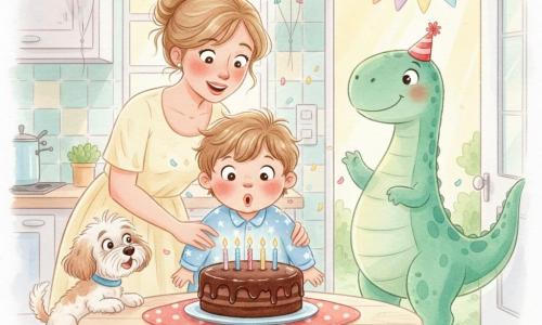 A smiling 4-year-old boy with tousled light-brown hair in blue starry pajamas blows out four candles on a large chocolate cake on a light-wood table; his mother, about thirty with hair in a soft bun and a pale-yellow dress, stands behind him smiling with her hands on his back; Benny, a small white-and-beige curly dog with a wagging tail, sits to the boy’s left looking at the cake; Dino, a large colorful dinosaur with green scales with turquoise sheen and a small red party hat, enters through the kitchen door to the right-rear; the bright warm kitchen has a red polka-dot tablecloth, multicolored balloon garlands, pastel tiled walls and sunbeams; the scene captures the birthday moment as he blows the candles—joyful energy, floating confetti, soft watercolor textures and white highlights on eyes and cake.